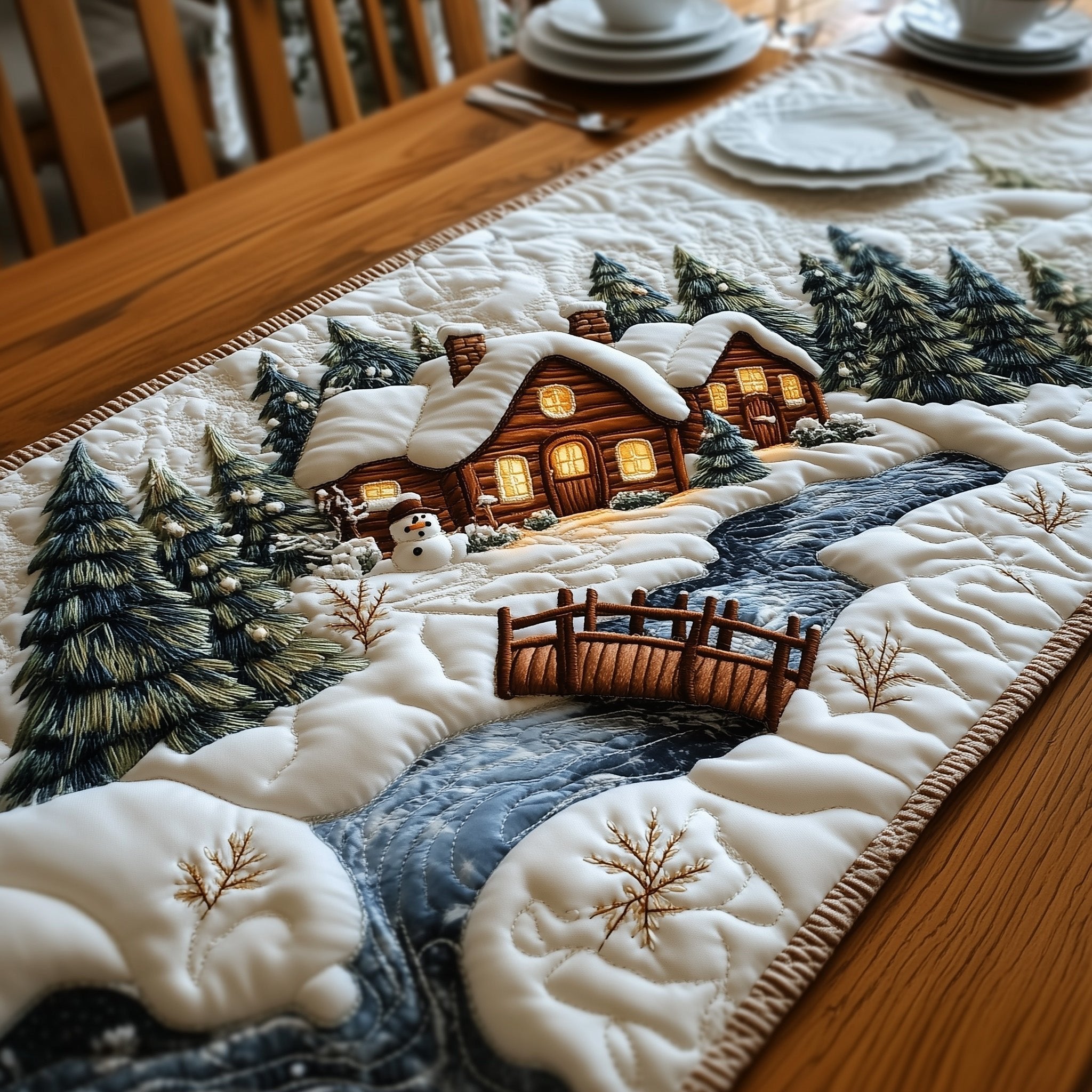 Snow Cottage with Wooden Bridge Table Runner