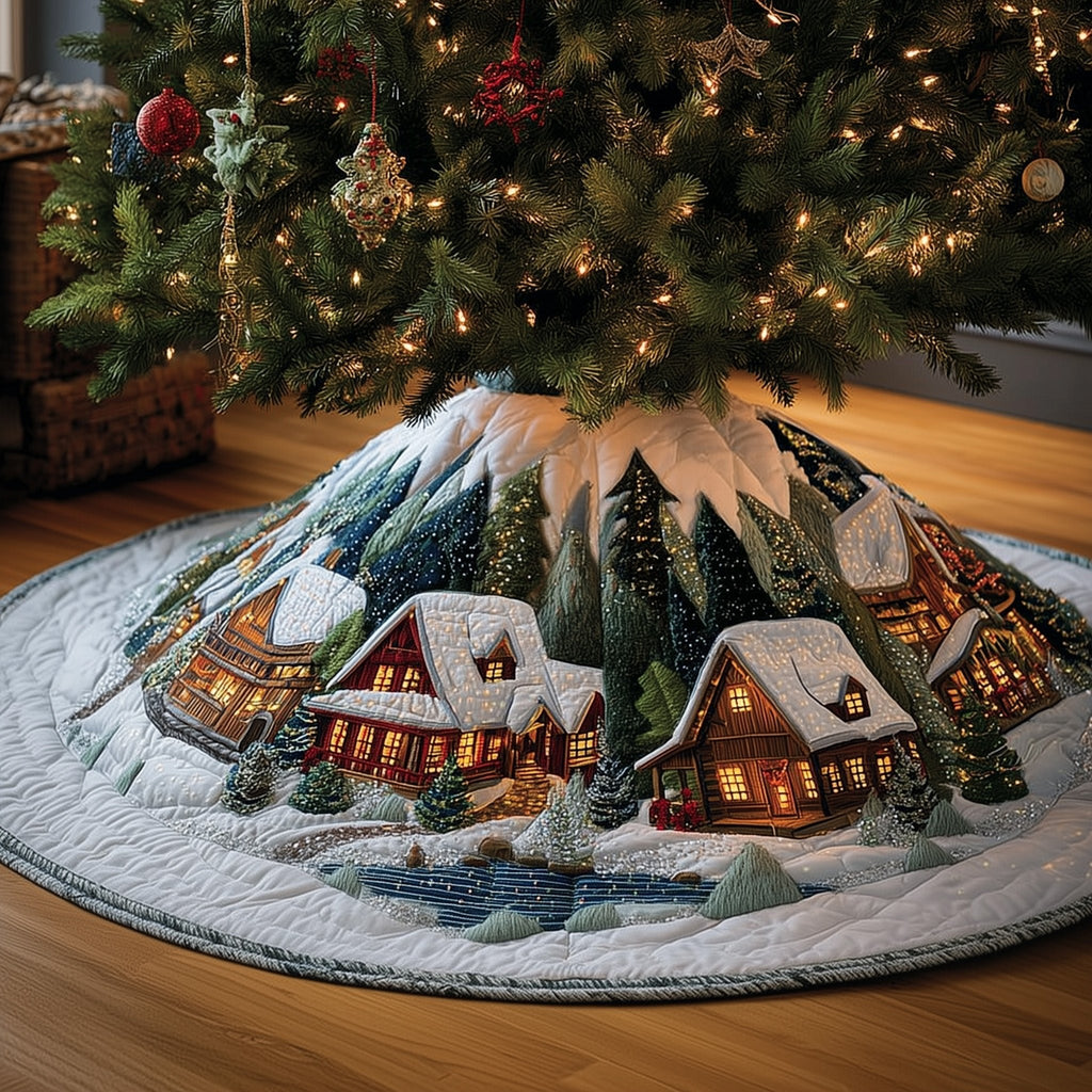 Snowy Village with Log Cabins Christmas Tree Skirt