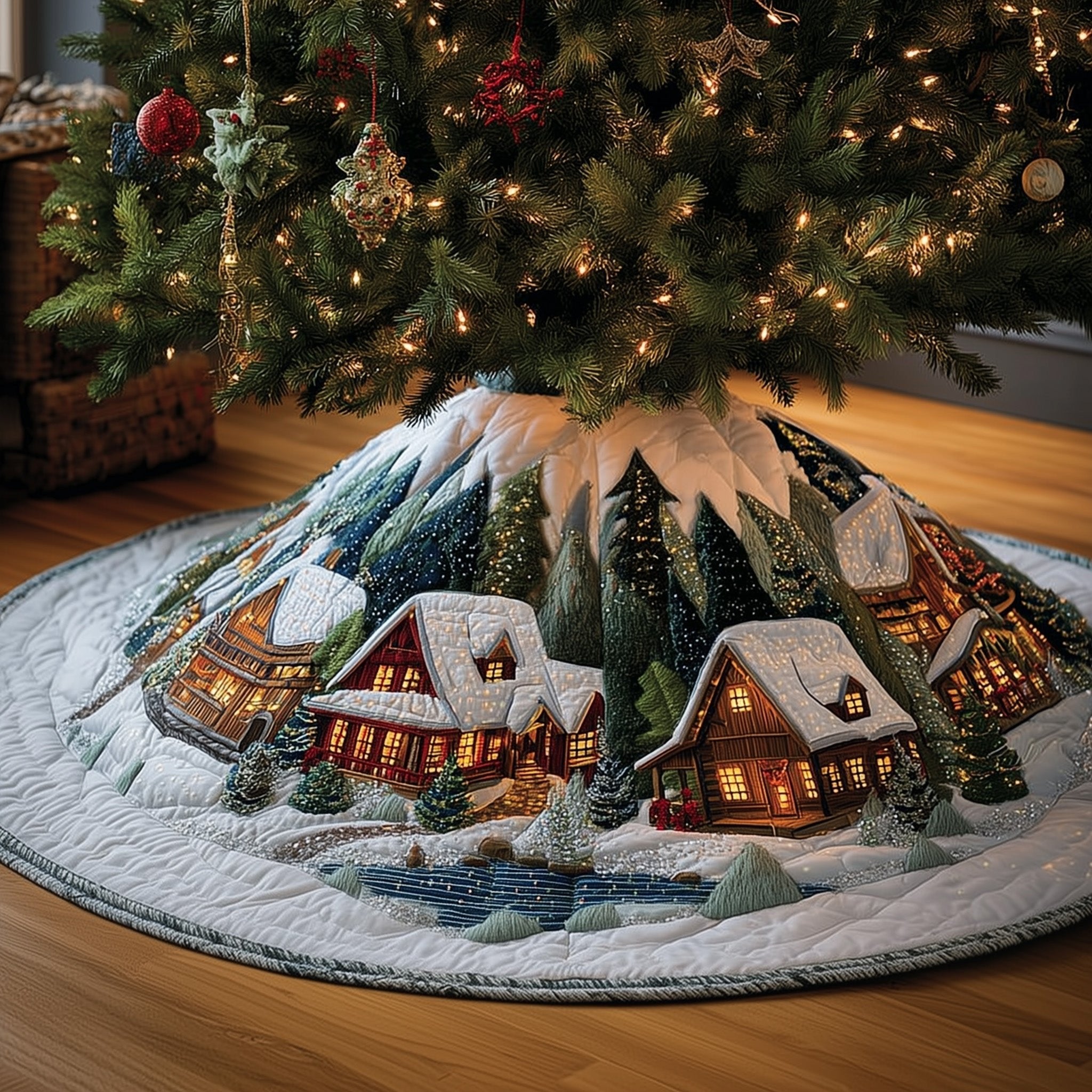 Snowy Village with Log Cabins Christmas Tree Skirt