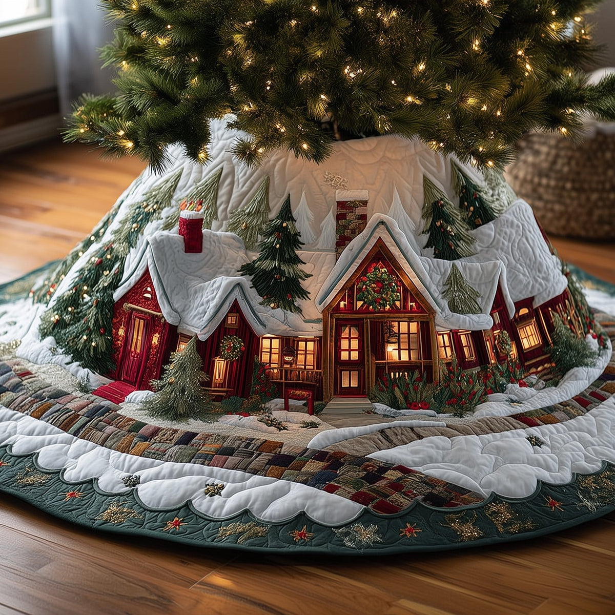 Red Cottages in the Winter Snow Christmas Tree Skirt