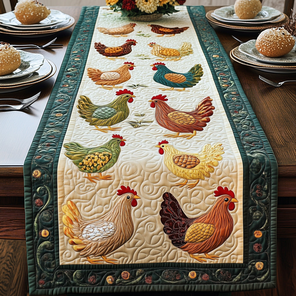 Folk Chickens on Cream Table Runner