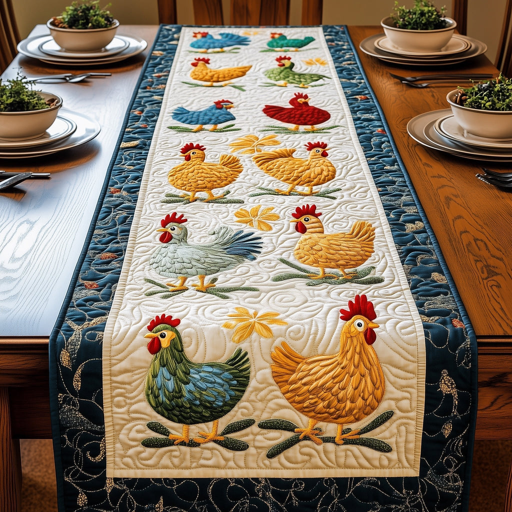 Chickens on Cream with Blue Border Table Runner