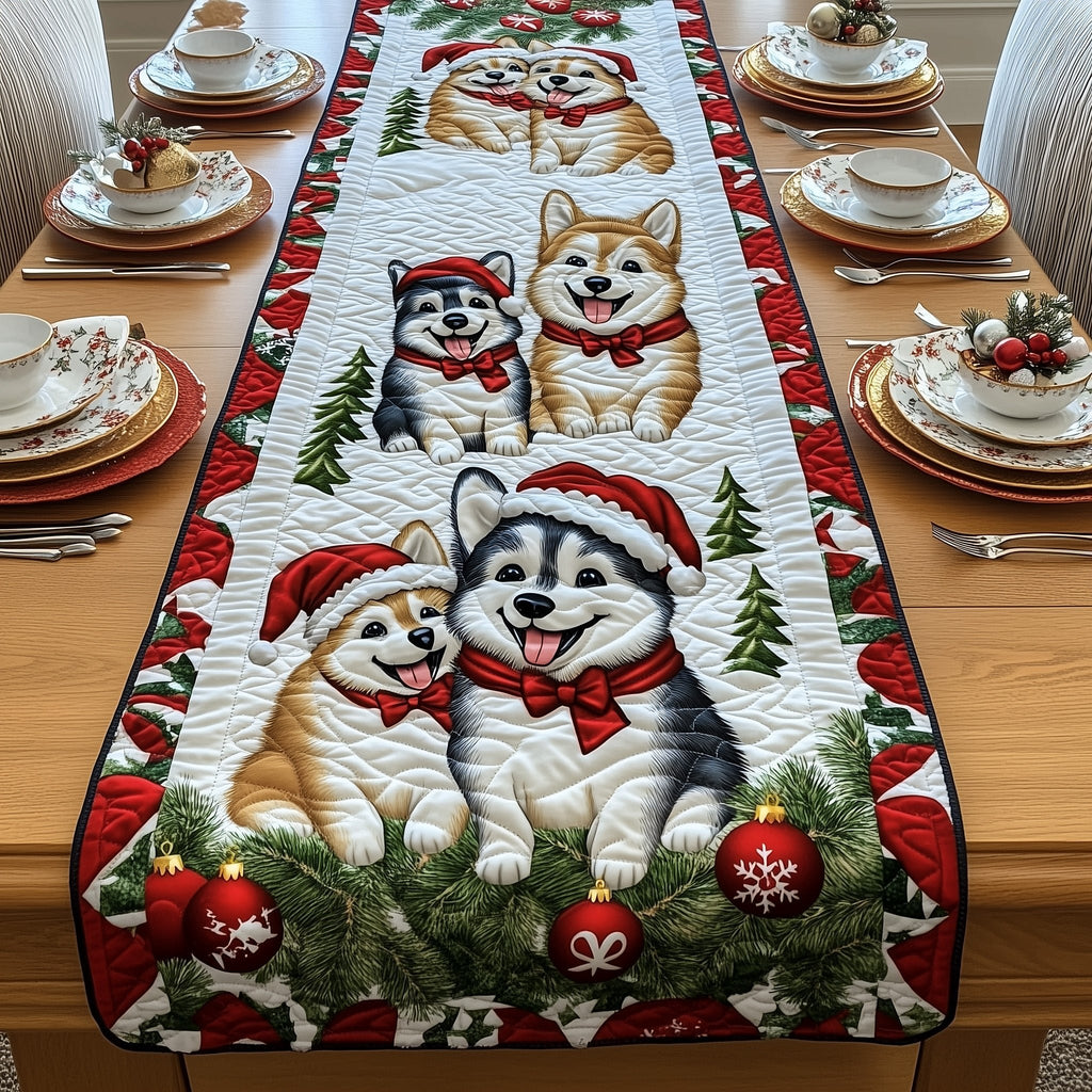 Huskies in Santa Hats Table Runner