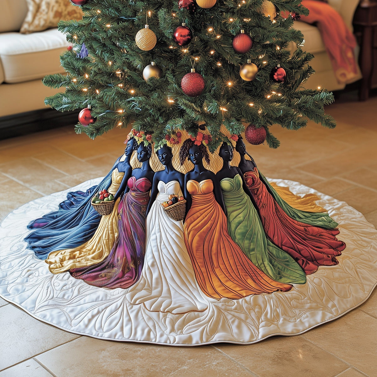Women in Flowing Gowns on White Christmas Tree Skirt