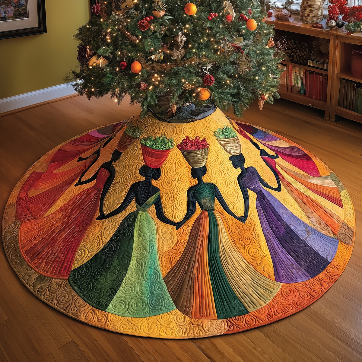 Women Silhouettes on Rainbow Rays Christmas Tree Skirt
