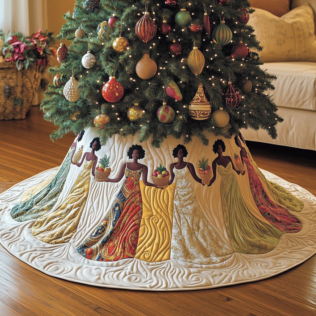 Women in Cream and Gold Gowns Christmas Tree Skirt