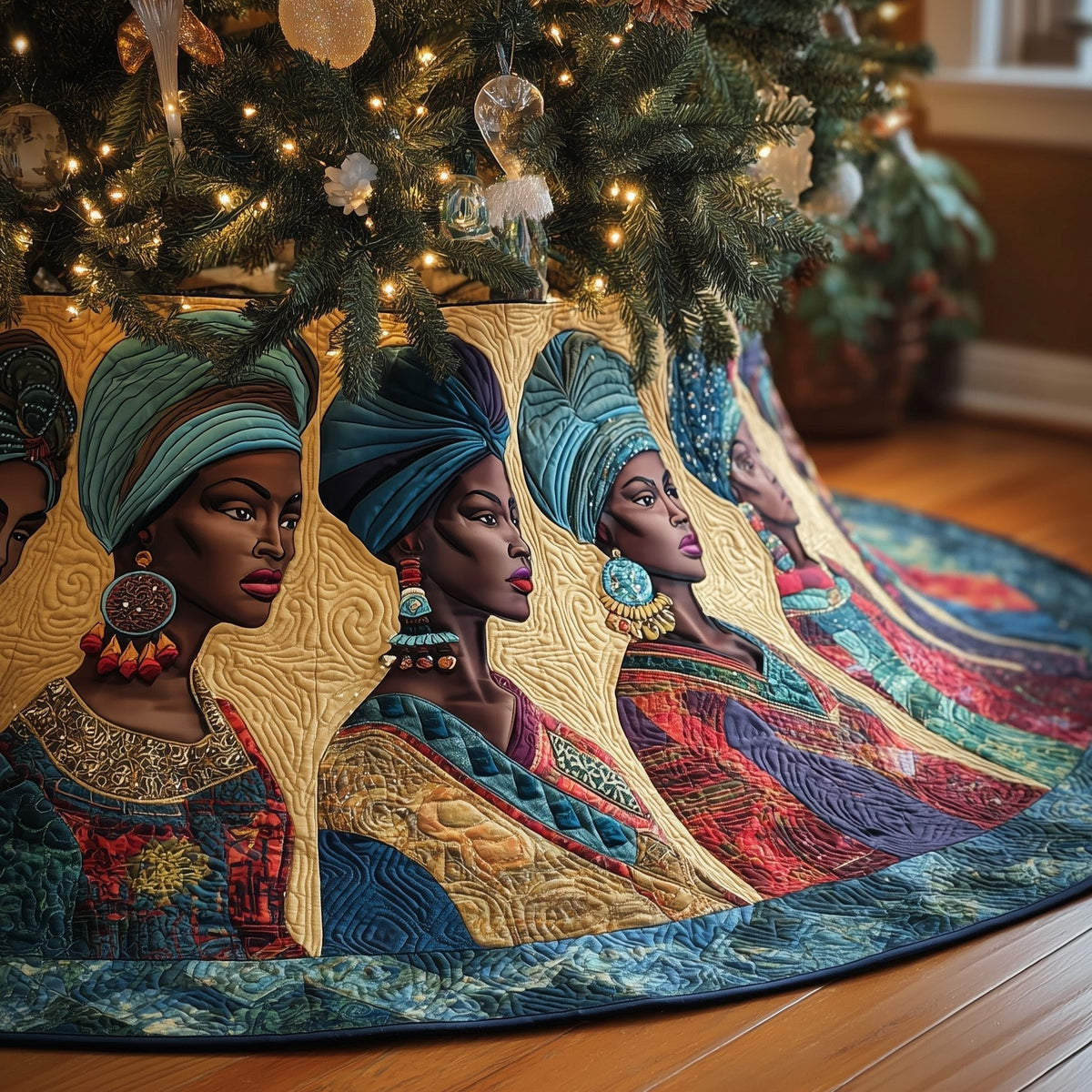Women in Headwraps with Hoop Earrings Christmas Tree Skirt