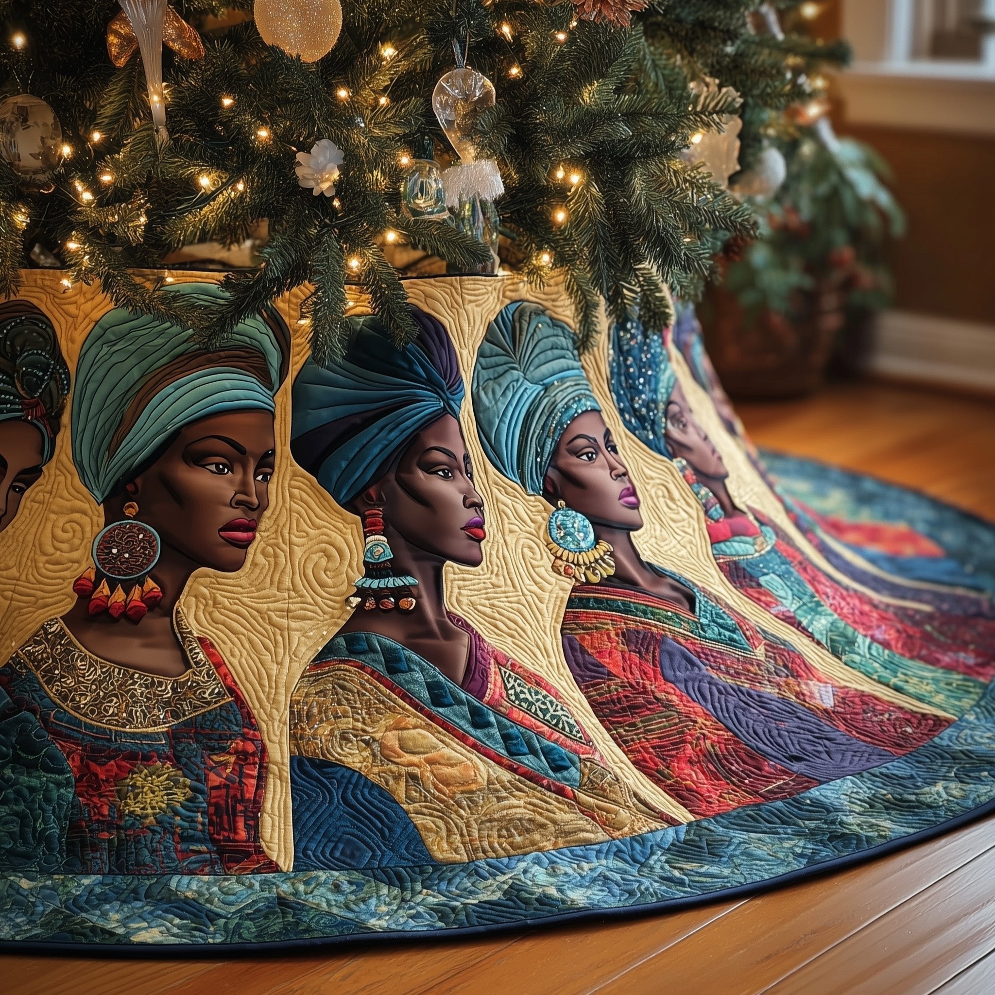 Women in Headwraps with Hoop Earrings Christmas Tree Skirt