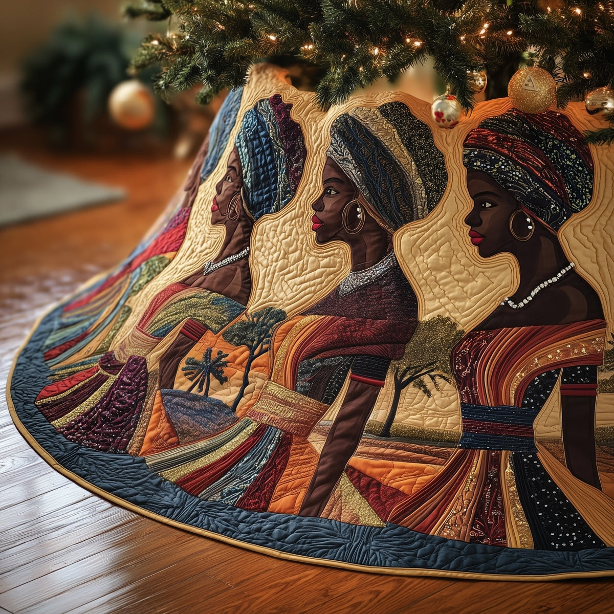 Women Profiles in Warm Earth Tones Christmas Tree Skirt