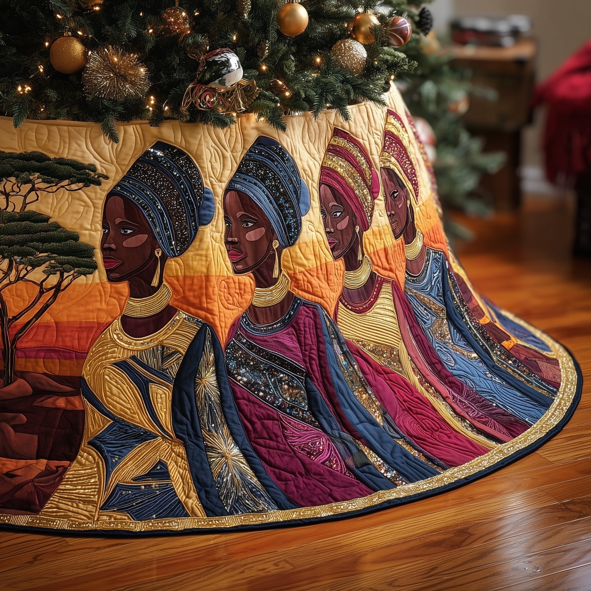 African Women in Colorful Headwraps Christmas Tree Skirt
