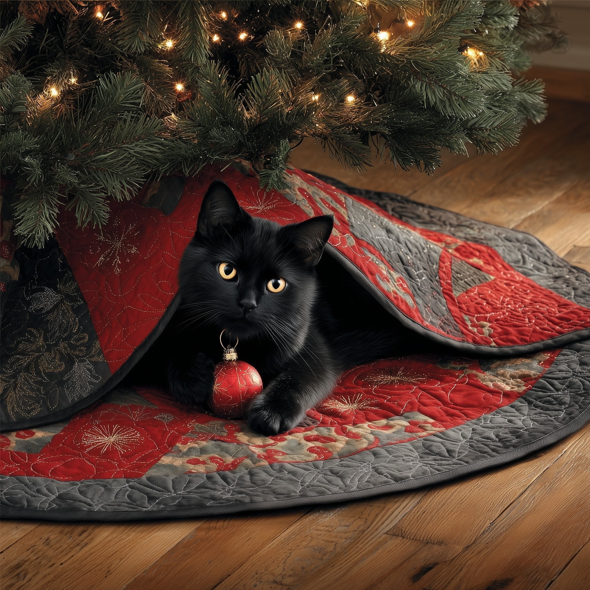 Black Cat with Red Ornament Christmas Tree Skirt