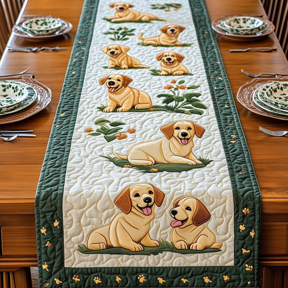 Yellow Labs with Green Border Table Runner