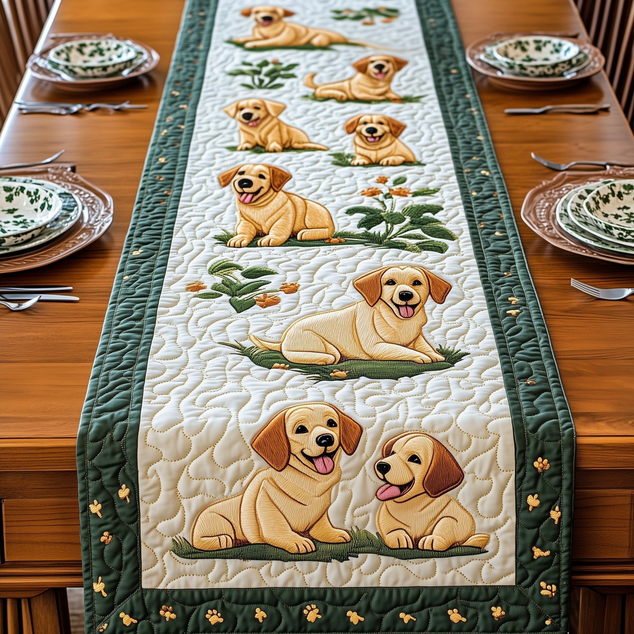 Yellow Labs with Green Border Table Runner