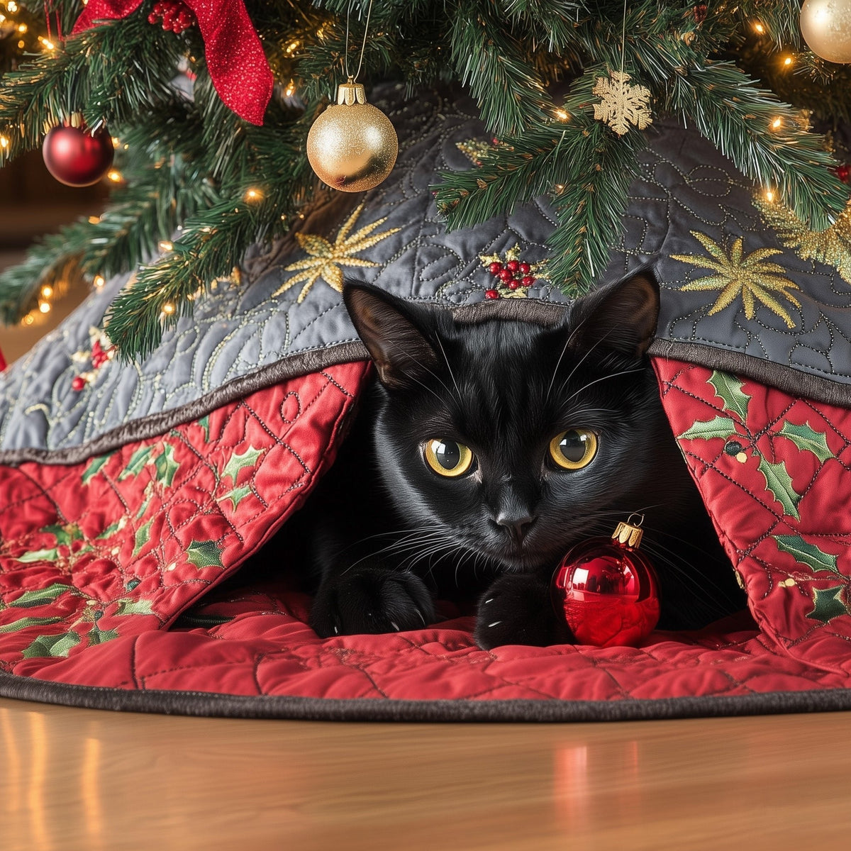 Black Cat on Red Poinsettia Quilt Christmas Tree Skirt