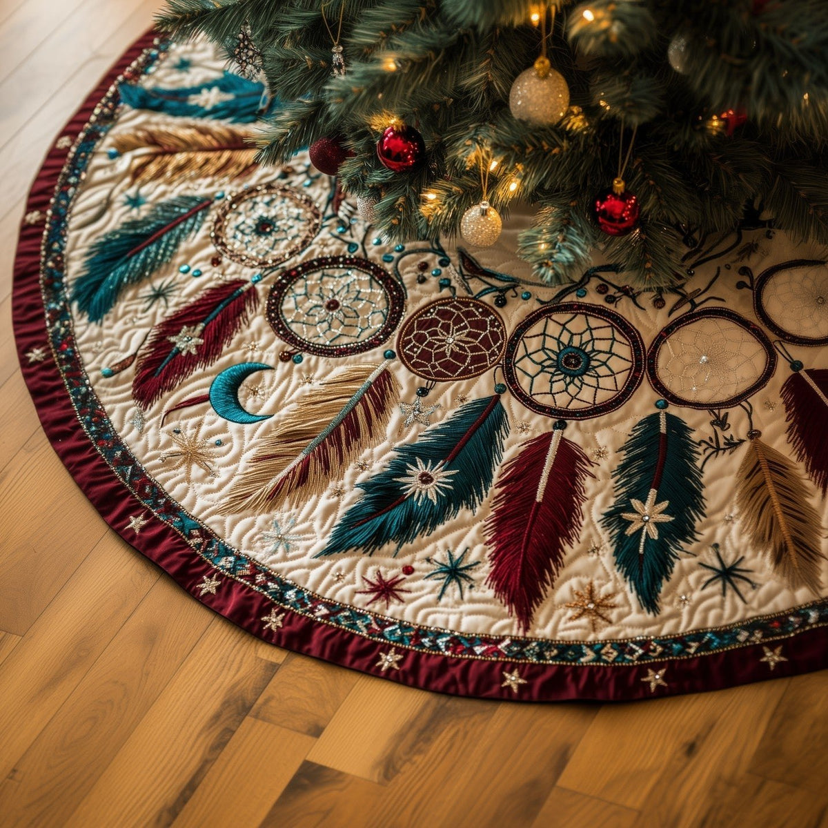 Dreamcatcher Dreamcatchers with Feathers on Cream Christmas Tree Skirt