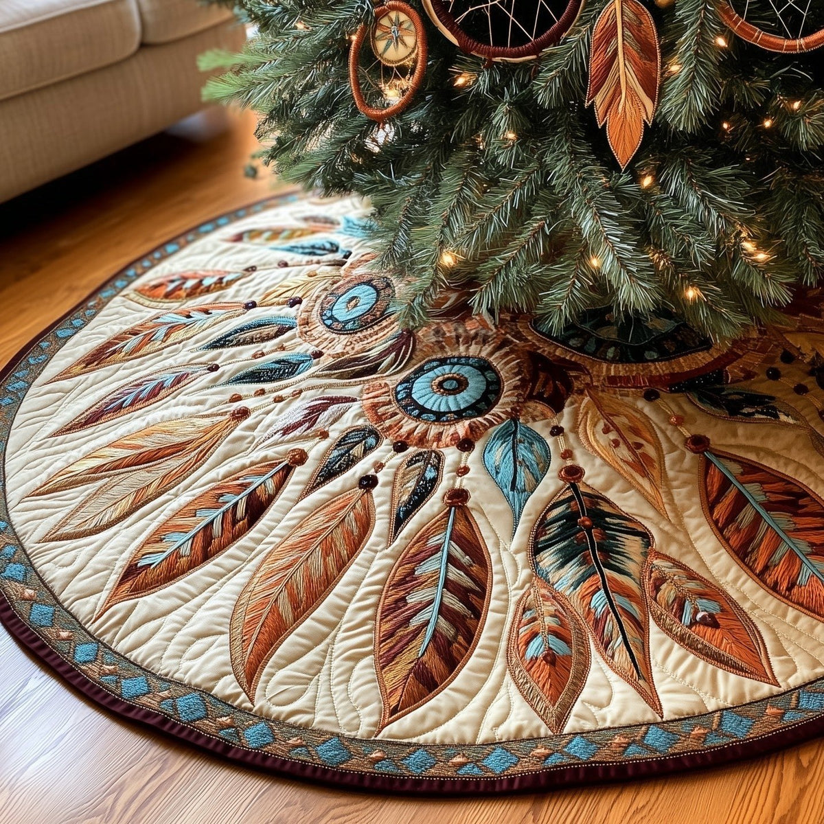 Dreamcatcher and Feathers on White Christmas Tree Skirt
