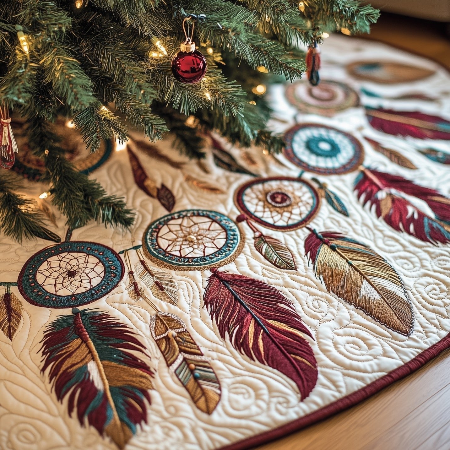 Dreamcatchers with Red Feathers Christmas Tree Skirt