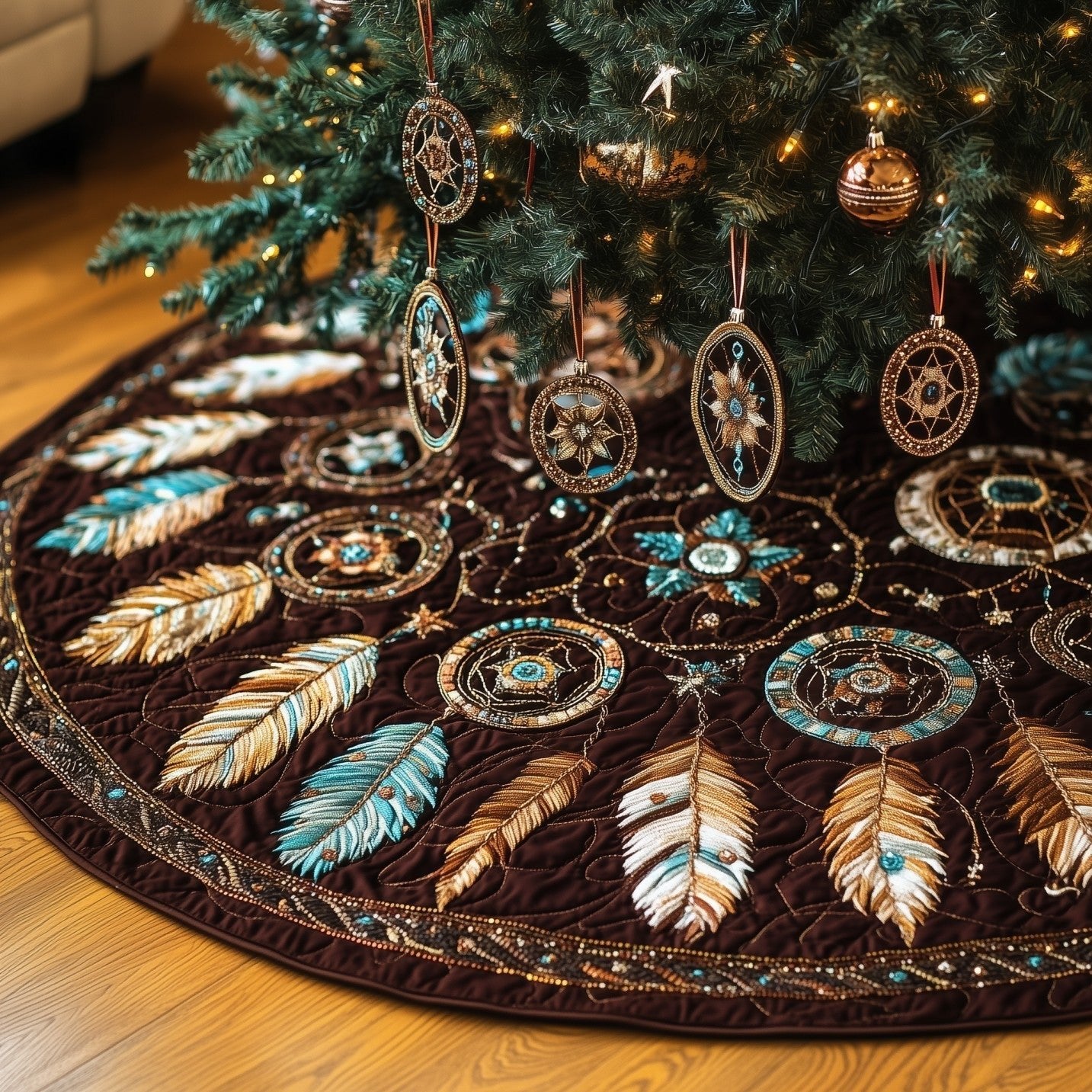 Dreamcatchers on Dark Brown Quilt Christmas Tree Skirt