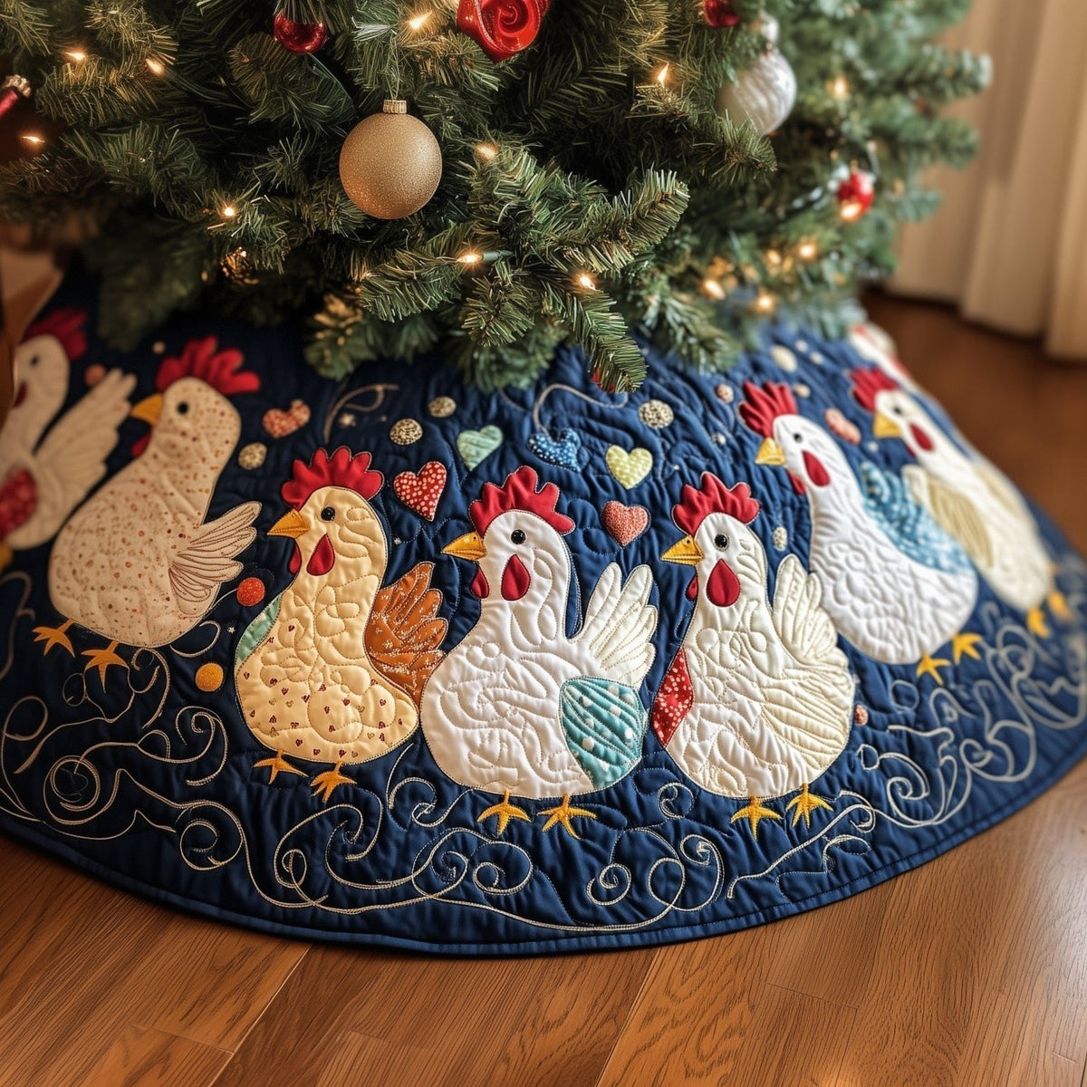 Hens and Roosters on Navy Christmas Tree Skirt