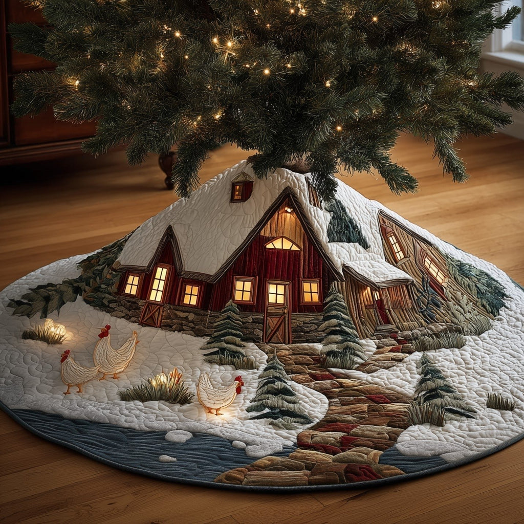 Snowy Farmhouse with Chickens Christmas Tree Skirt