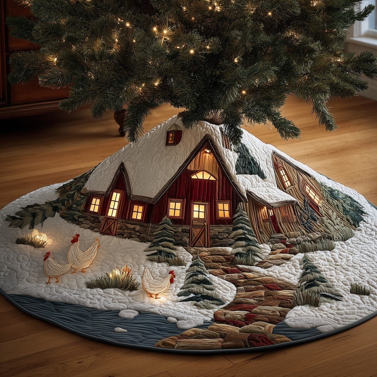 Snowy Farmhouse with Chickens Christmas Tree Skirt