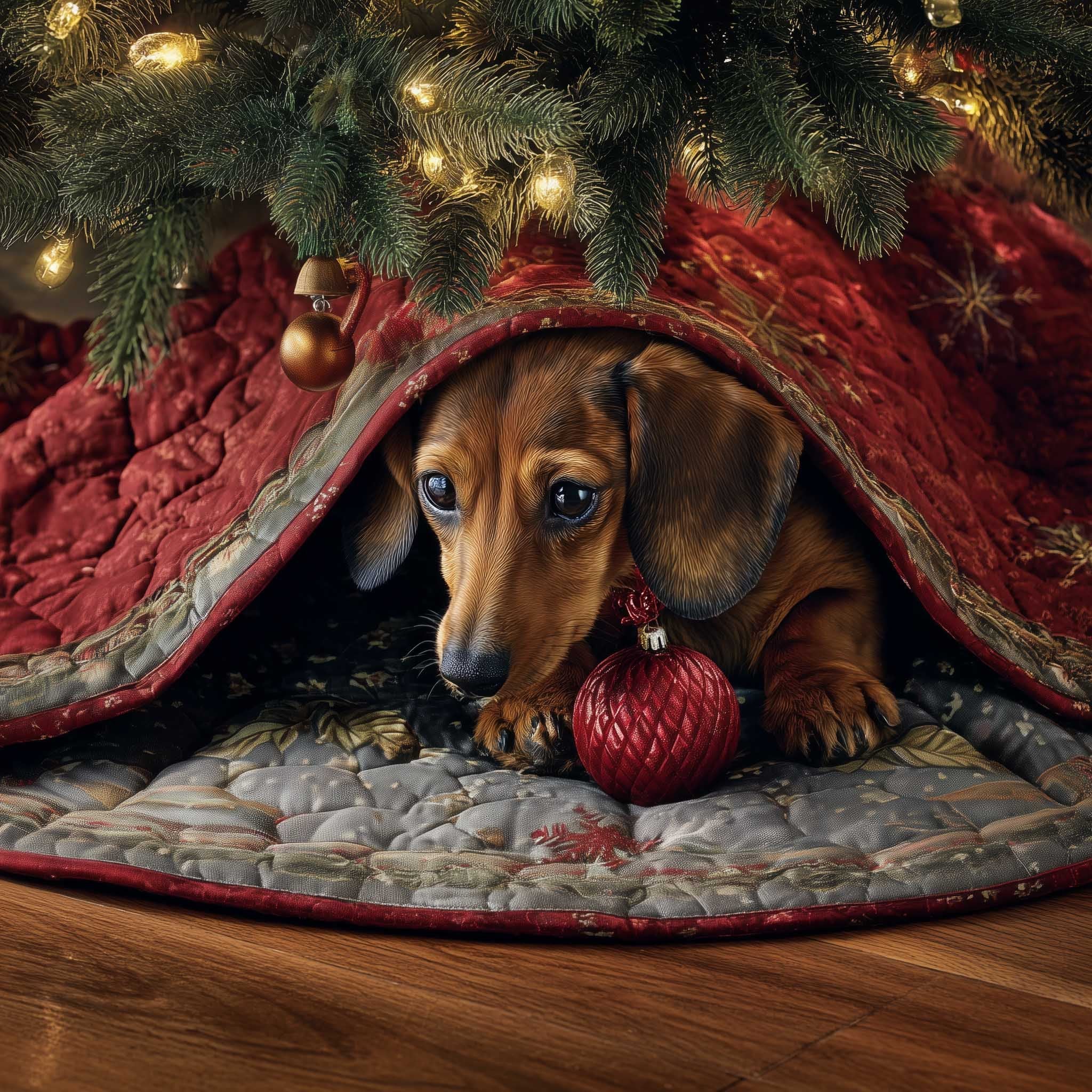 Dachshund with a Red Ornament Christmas Tree Skirt