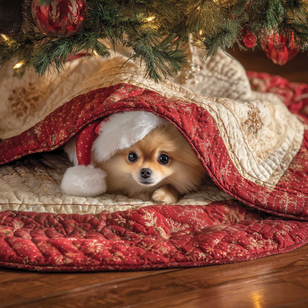 Pomeranian Peeking from the Red Quilt Christmas Tree Skirt