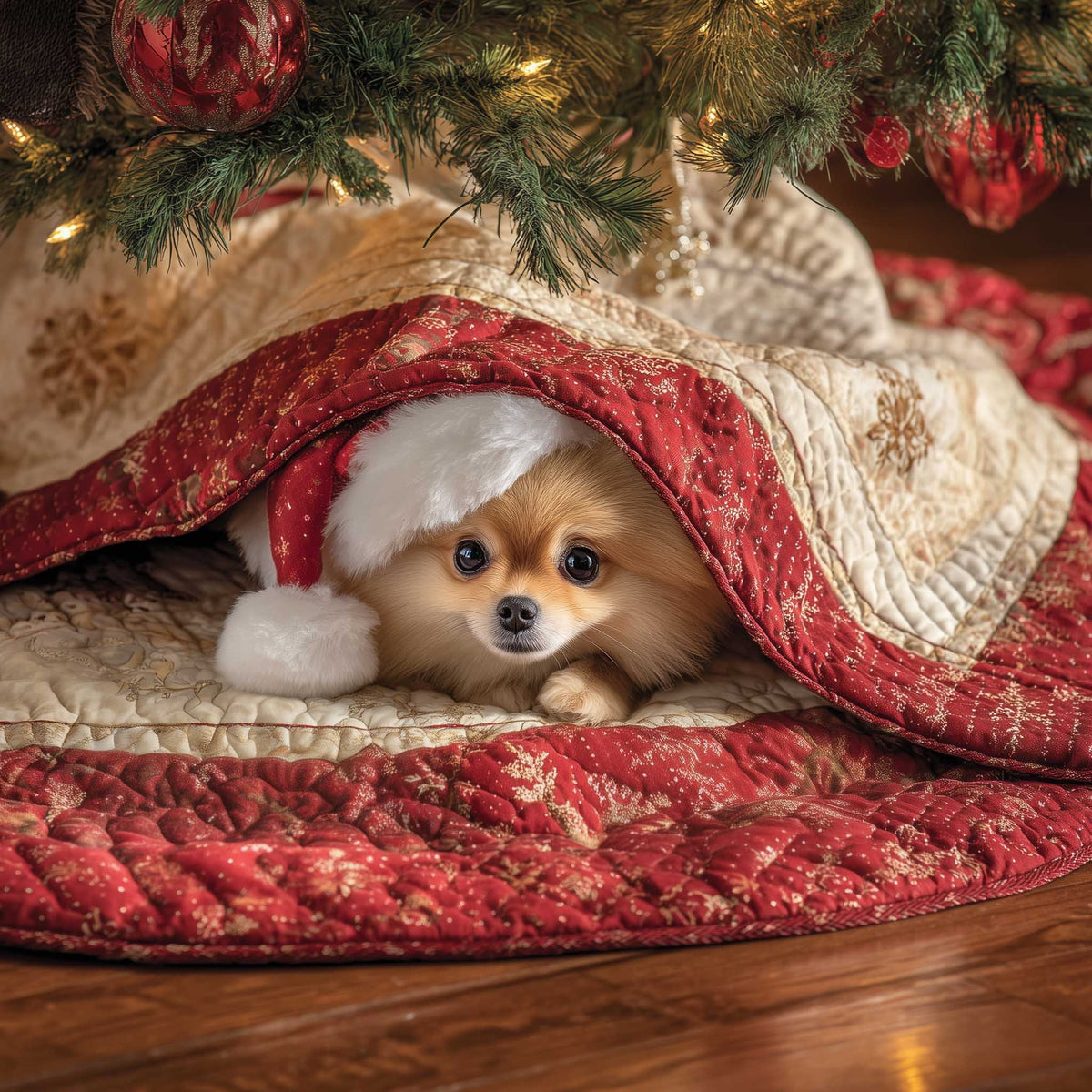 Pomeranian Peeking from the Red Quilt Christmas Tree Skirt