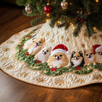 Pomeranians in Santa Hats with Holly Christmas Tree Skirt
