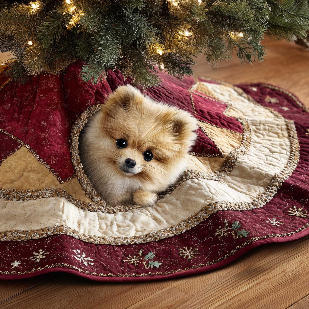 Fluffy Pomeranian on the Snowflake Quilt Christmas Tree Skirt