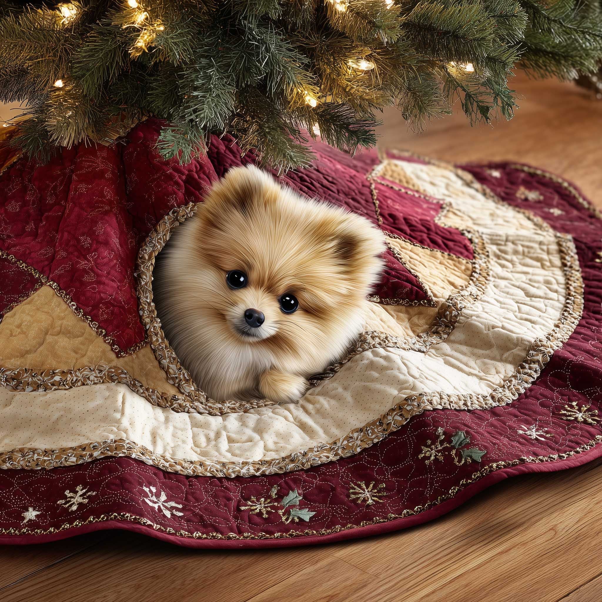 Fluffy Pomeranian on the Snowflake Quilt Christmas Tree Skirt