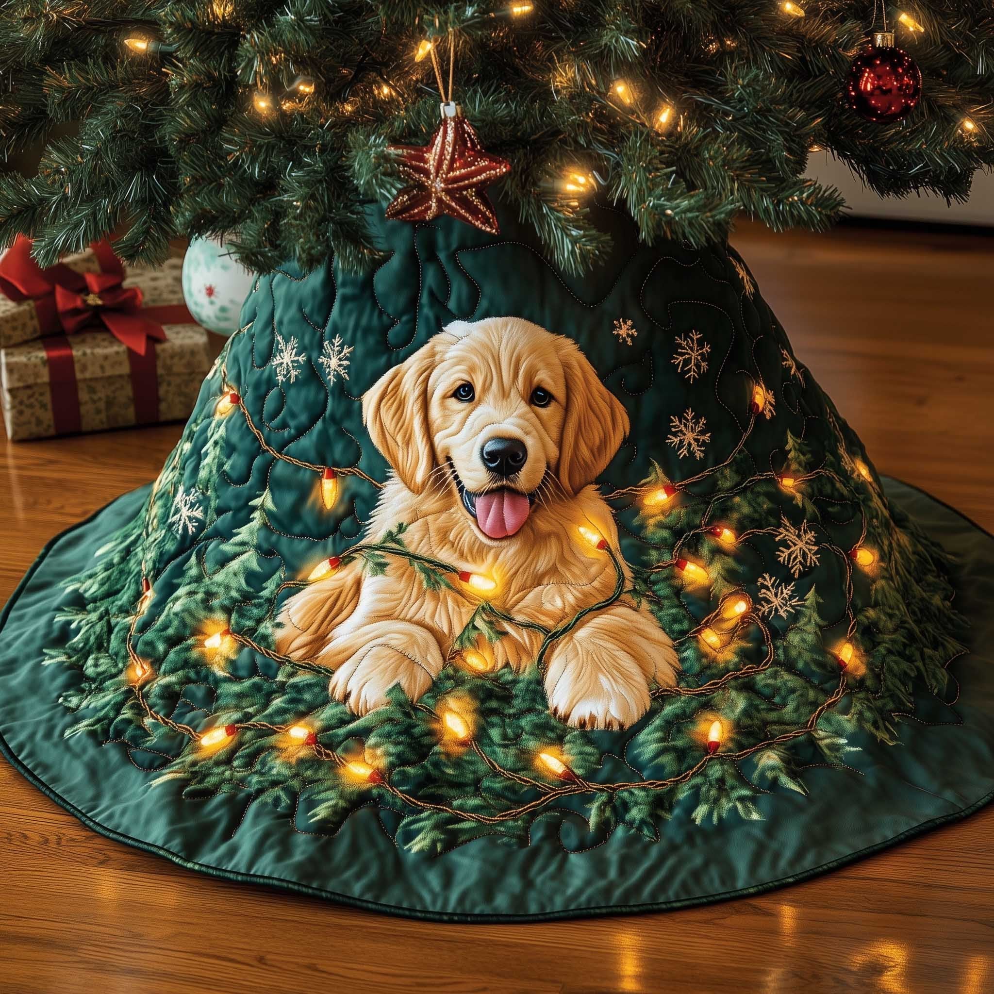 Golden Puppy on Green with Lights Christmas Tree Skirt