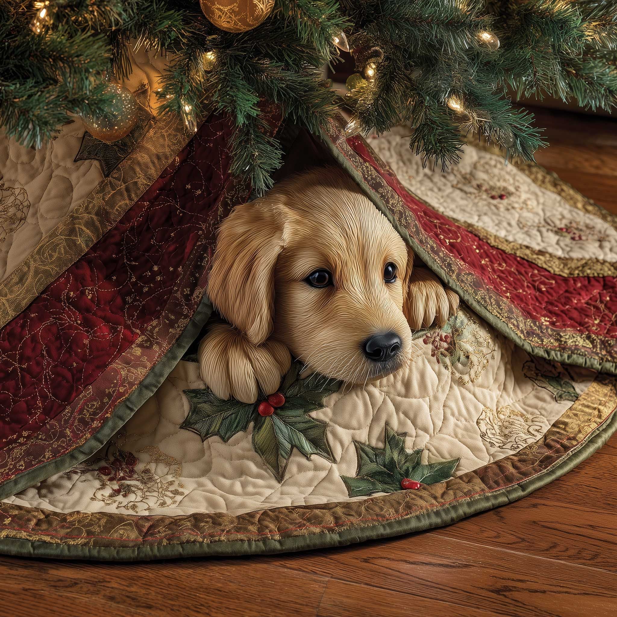 Golden Puppy on Cream with Holly Christmas Tree Skirt
