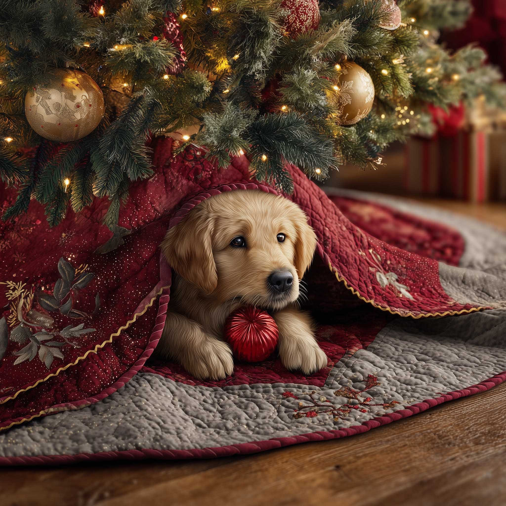 Golden Puppy Under a Red Blanket Christmas Tree Skirt
