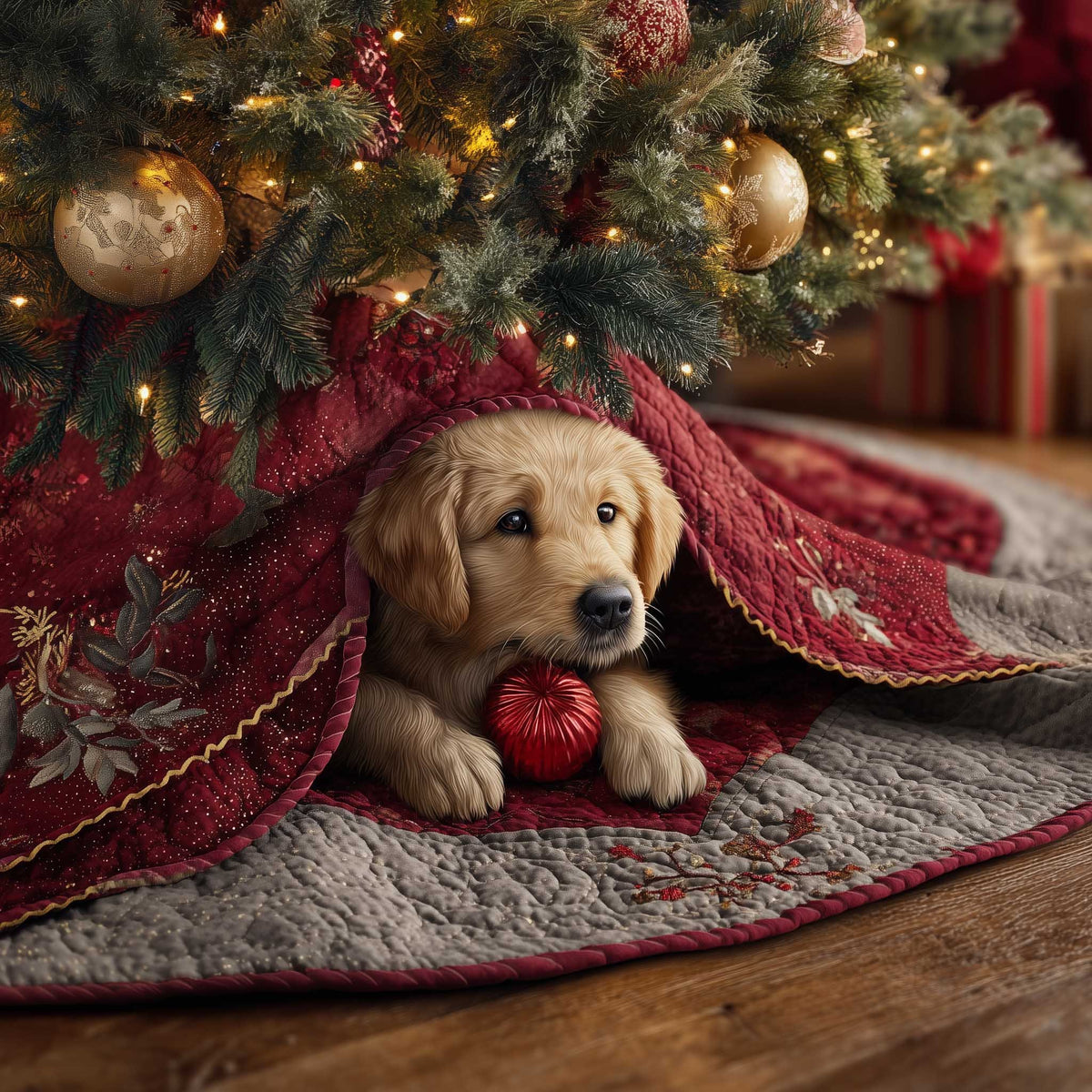 Golden Puppy Under a Red Blanket Christmas Tree Skirt