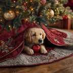 Golden Puppy Under a Red Blanket Christmas Tree Skirt