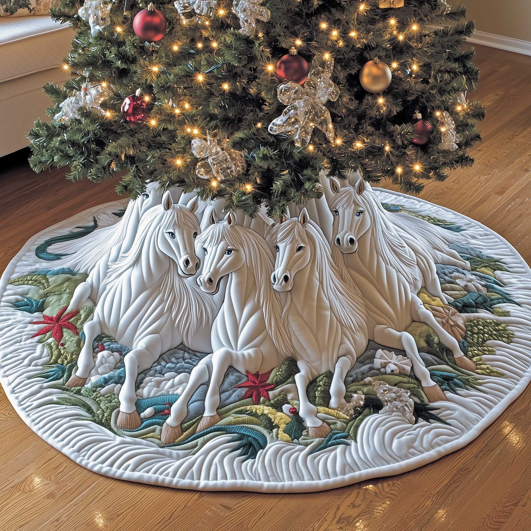White Horses on Ivory Quilt Christmas Tree Skirt