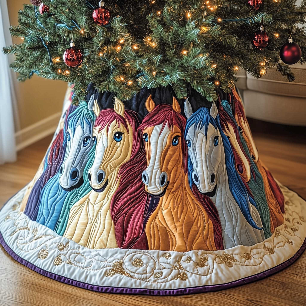 Colorful Horse Heads in a Row Christmas Tree Skirt
