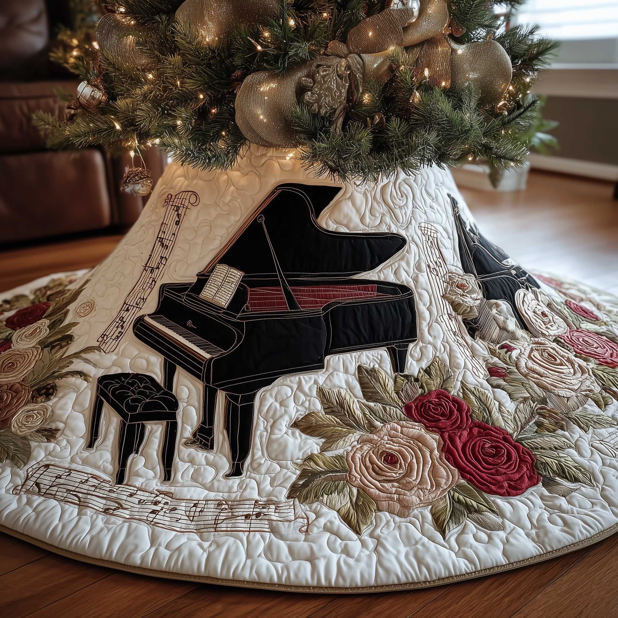 Black Piano with Red Roses Christmas Tree Skirt