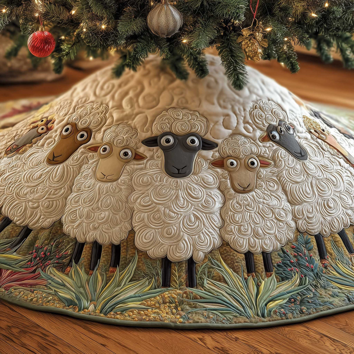 Sheep with Black Faces in the Grass Christmas Tree Skirt