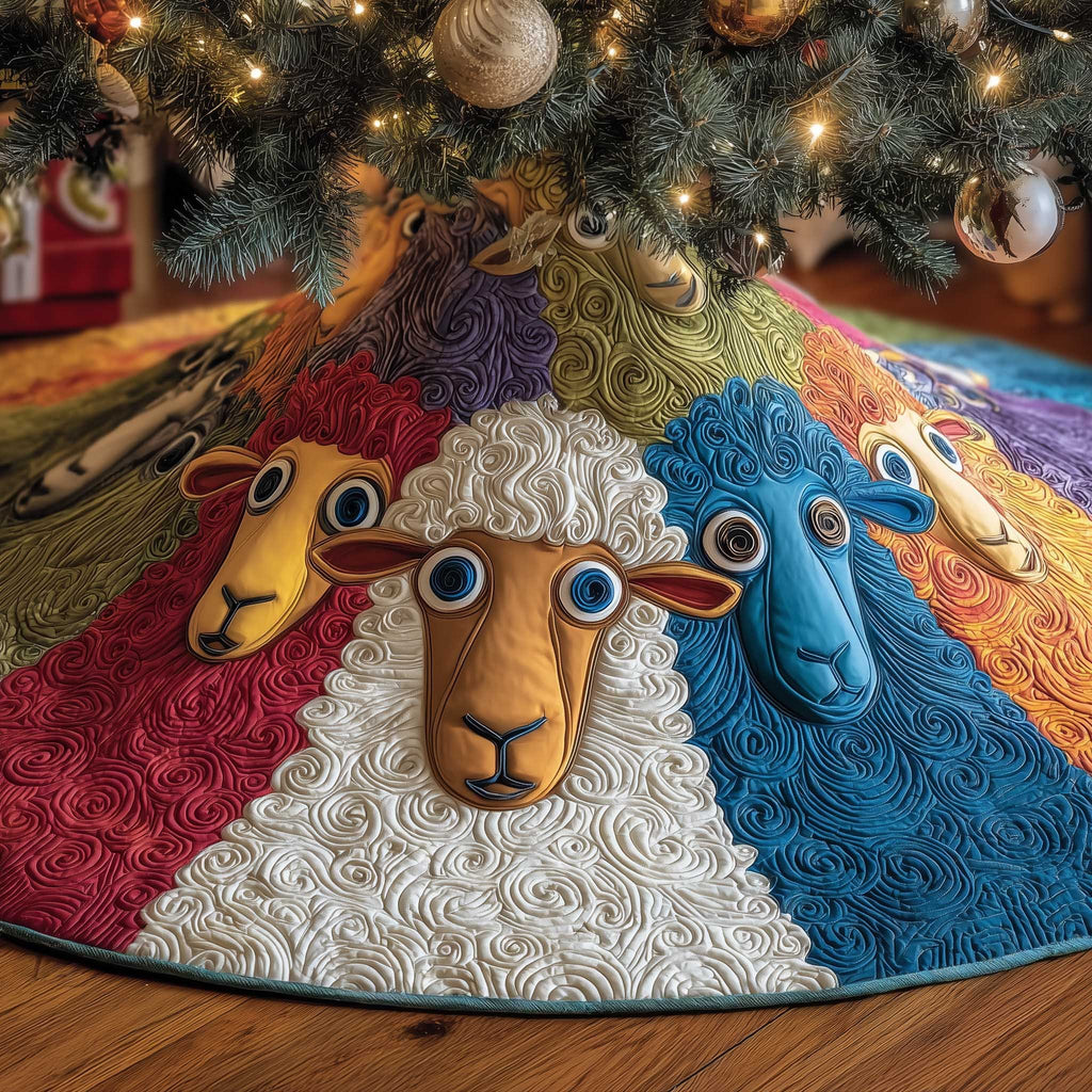Big Sheep Faces in Yellow and Blue Christmas Tree Skirt