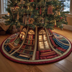 Library Shelves with Glowing Window Christmas Tree Skirt