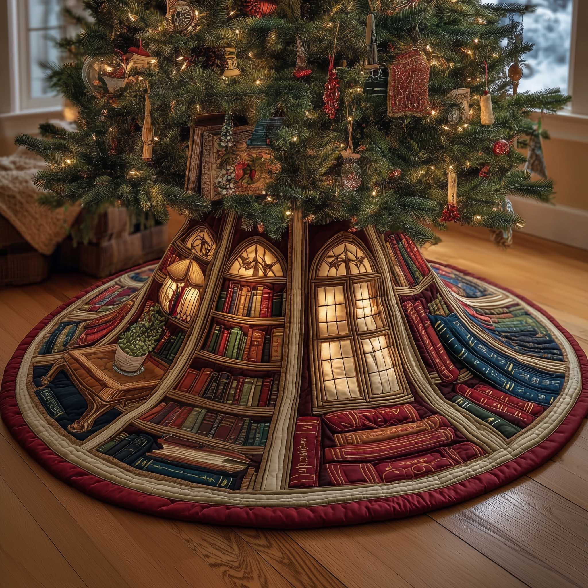 Library Shelves with Glowing Window Christmas Tree Skirt