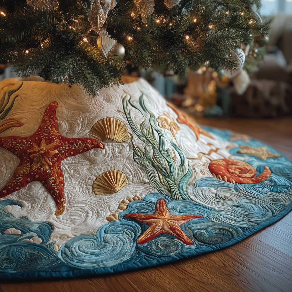 Starfish and Shells on Blue Waves Christmas Tree Skirt