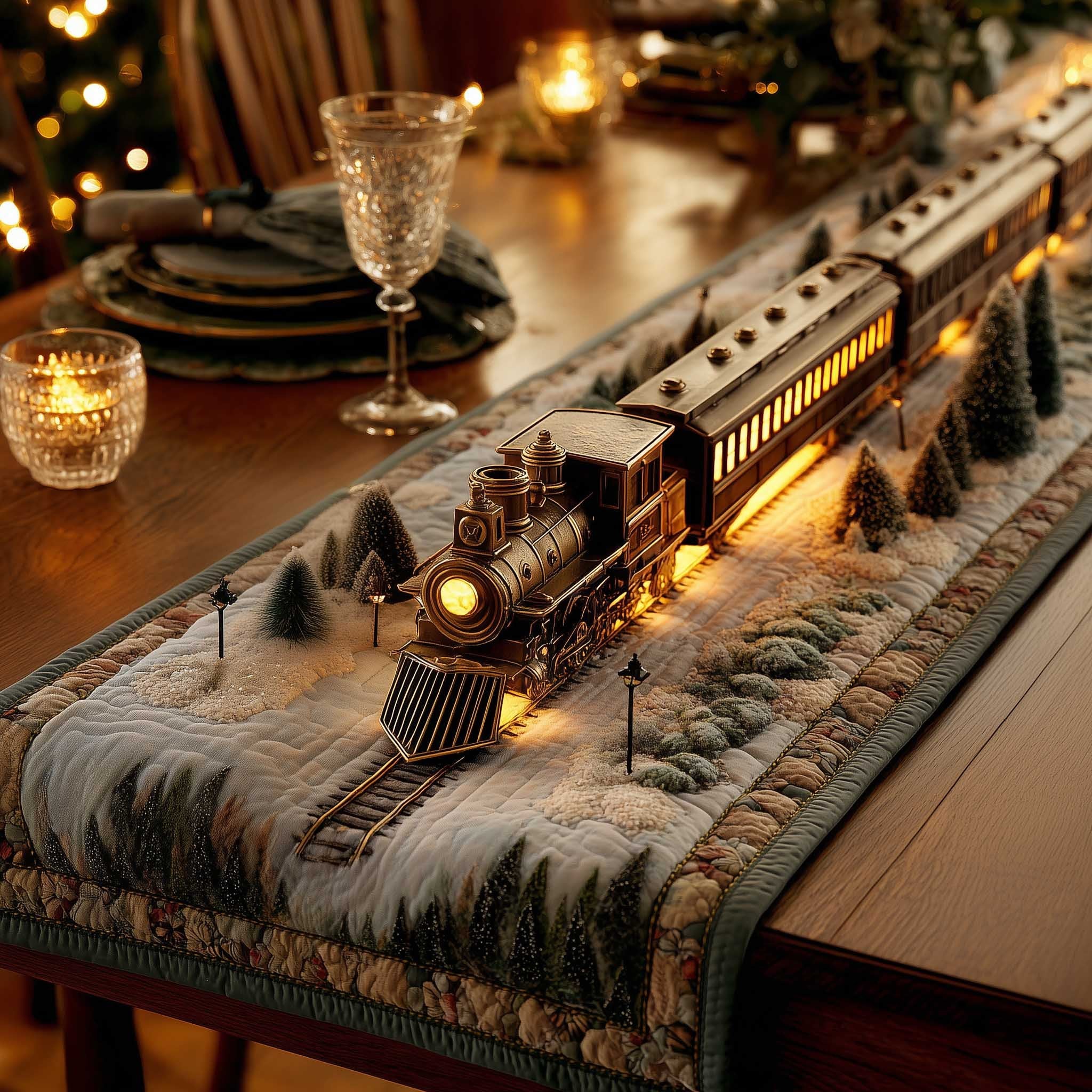 Black Steam Train in Deep Snow Table Runner