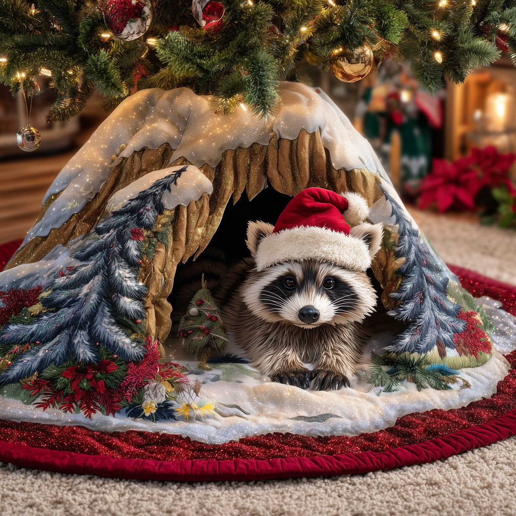 Raccoon in a Santa Hat in the Hollow Christmas Tree Skirt