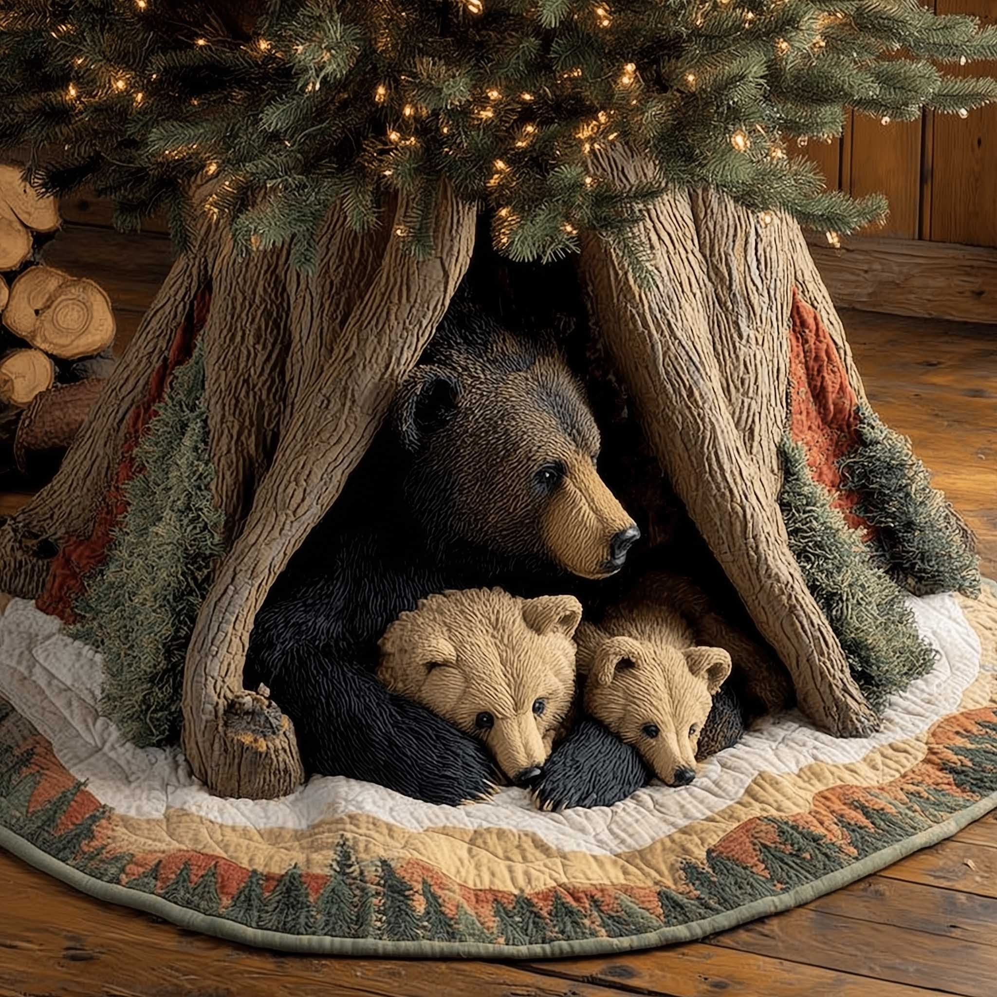 Black Bear and Cubs in the Den Christmas Tree Skirt