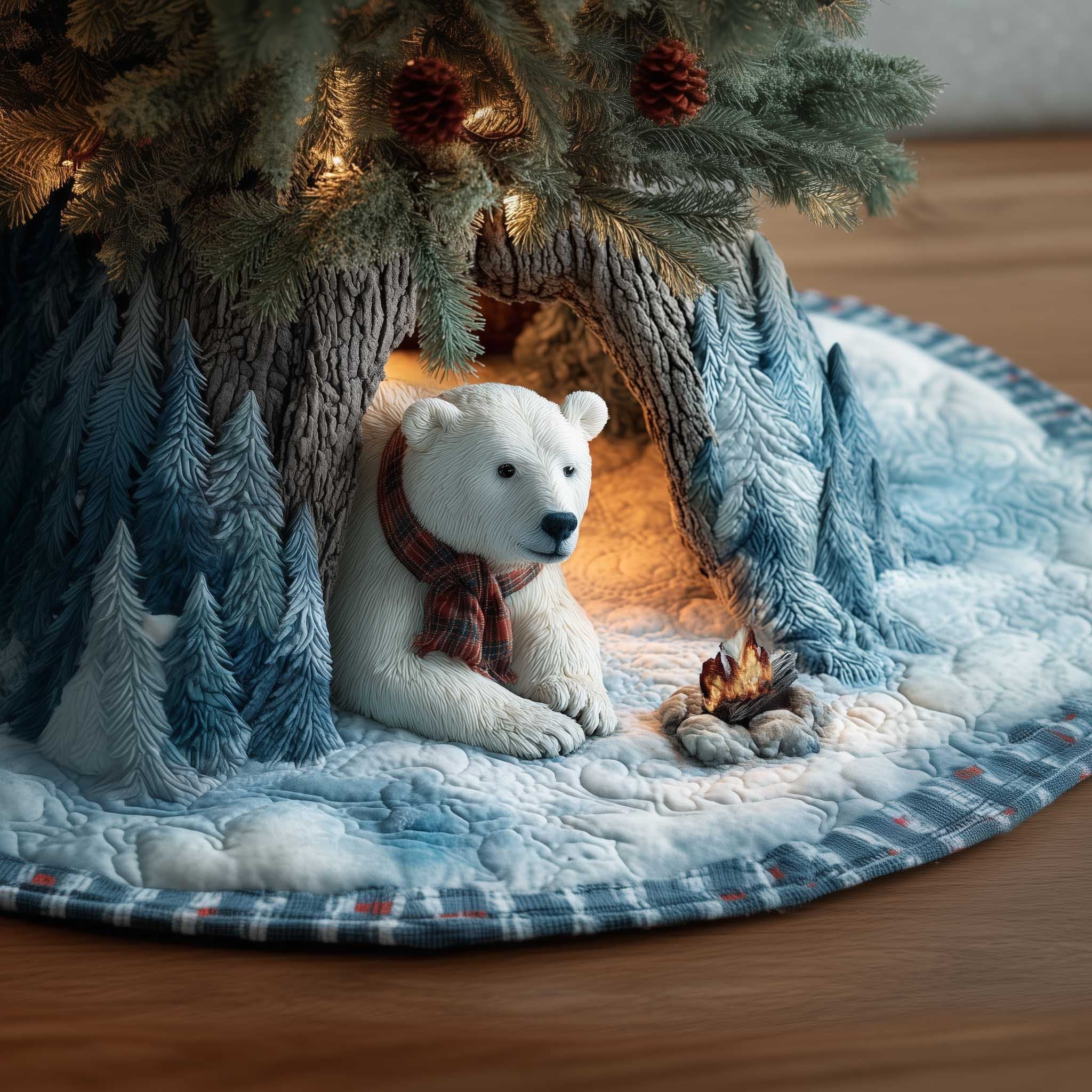Polar Bear by the Cave Campfire Christmas Tree Skirt