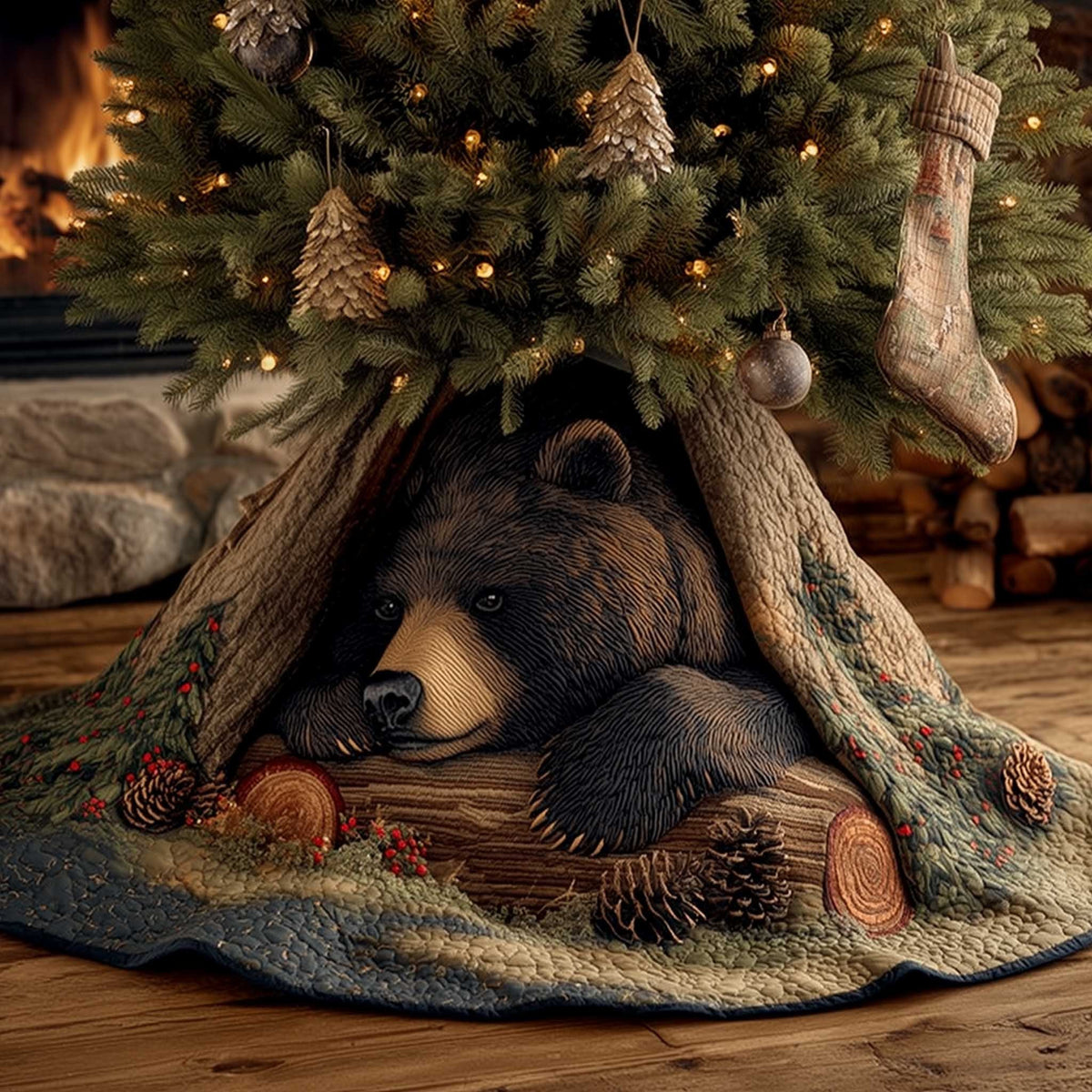 Black Bear Sleeping by the Log Christmas Tree Skirt