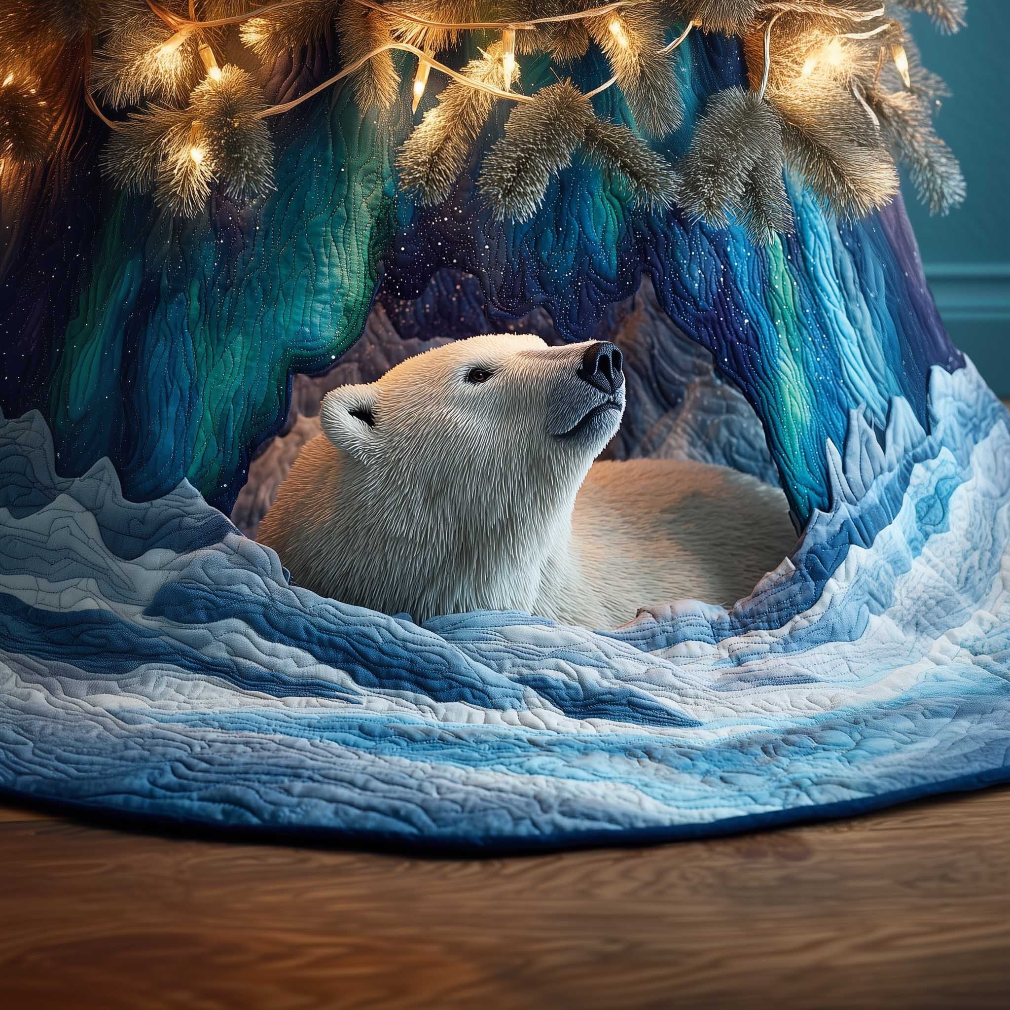 Polar Bear Under the Northern Lights Christmas Tree Skirt